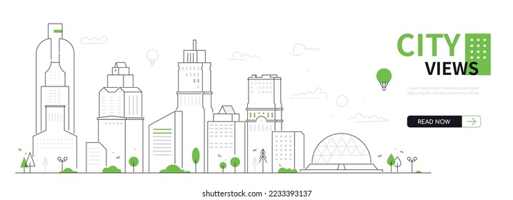 City views - modern thin line design style vector poster on white background. Composition with facade of urban buildings, park area, futuristic architecture and landmarks silhouette, metropolis idea