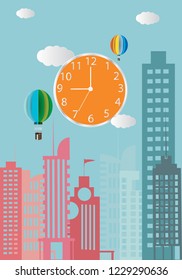 City views with tall buildings and balloons and watches start of the morning.