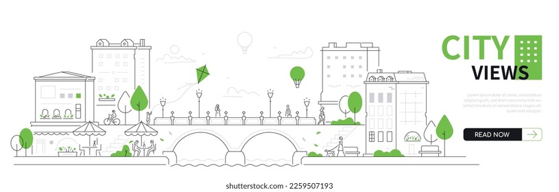 City views - thin line design style vector web banner with copy space for text. Images of buildings, cafes, people walking, bridge. Developed infrastructure, architecture and real estate, leisure