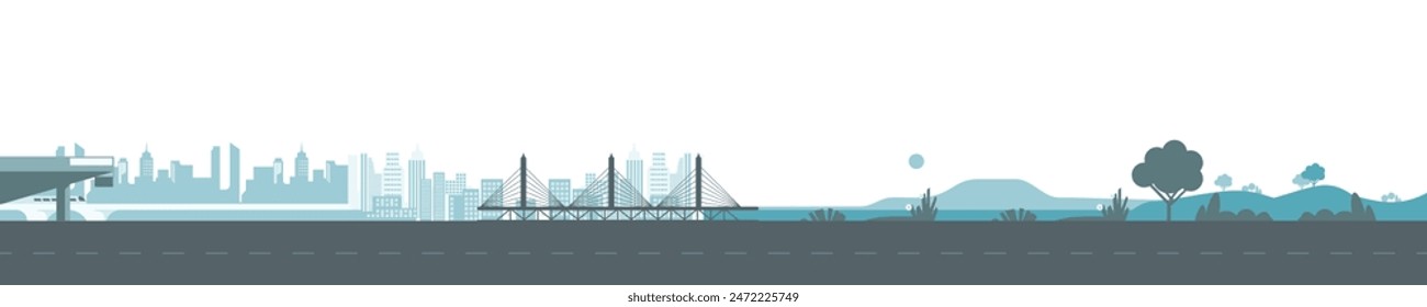 From City to village. Flat vector illustration, urban and rural landscapes. Modern city buildings, river, hills, tree with light blue background.