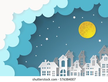 City Village with full moon and urban.paper art style