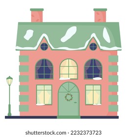 City and village house with windows, tiles, chimneys. Street lamp. A Christmas house in the snow and with a Christmas wreath on the door. Color flat vector illustration, isolated.