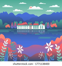 City or village landscape on the river in flat style design. Outdoor panorama countryside illustration. Hills, mountains, field, tree, forest, flowers, blue sky and sun. Rural location, cartoon vector