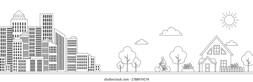 City and village line vector illustration