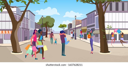 City Walk Area. Young People Walking, Meeting, Shopping Outside Flat Vector Illustration. Urban Life, Leisure, Activity, Meeting Concept For Banner, Website Design Or Landing Web Page