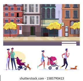 City walk flat vector illustration set. Family, walking with children, man jogging with dog, apartment building. City life, leisure, walking outside concept
