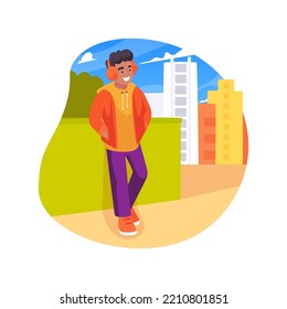 City walk isolated cartoon vector illustration. Teenage boy in headphones listening to music, enjoying urban landscape, spending free time walking in city, leisure time outdoor vector cartoon.