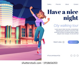 City walking tour banner. Travel concept, vacation with night walks. Vector landing page with cartoon illustration of happy woman tourist and town landscape with buildings and road at evening