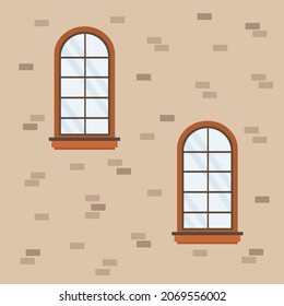 City wall with colorful framed windows and glass. The architecture of the house with window sills in the flat style. Illustration of a house wall for banner design. Vector illustration