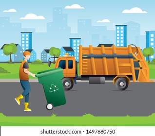 City waste recycling concept with garbage truck and garbage collector. Waste management and city garbage collection for recycling vector concept, Garbage truck and trash bins. Concept city cleaning