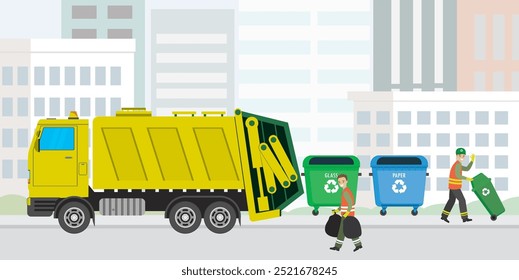 Conceito de reciclagem de resíduos urbanos com caminhão de lixo e coletores de lixo no fundo urbano, trabalhadores do sexo masculino de desenho animado. Latas de lixo coloridas. Ilustração de vetor plano