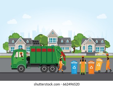 City waste recycling concept with garbage truck and garbage collector on village landscape background. Vector illustration in flat design.