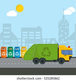 City waste recycling infographic flat concept with garbage truck. Vector illustration of city waste recycling categories and waste disposal. City waste types sorting management