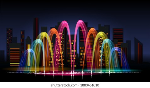 City water lighting show. Water lights fountain cityscape, garden recreational night colorful dancing waters outdoor performance vector illustration