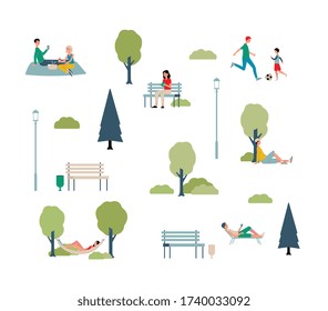 City weekend outdoors concept with people walking and resting on nature, flat vector illustration isolated on white background. Park activity and recreation.