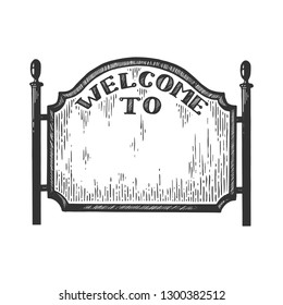 City Welcome Road Sign Vector Illustration. Scratch Board Style Imitation. Black And White Hand Drawn Image.