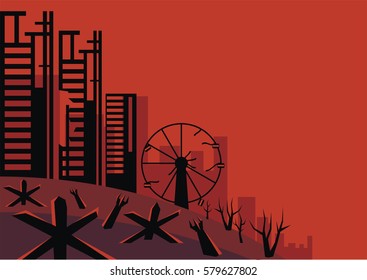 The city which has burned out, destroyed by bombings. Vector background. A template for an anti-war poster.