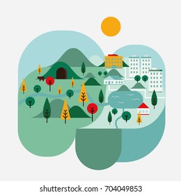 City and Wild Nature Flat Vector Illustration