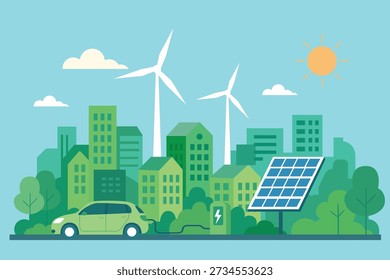 City with wind turbines solar panel and electric car showing renewable energy and sustainability