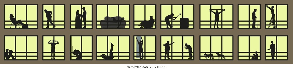 Stadtfenster nachts. Vektorgrafik von Wohngebäuden mit Fenstern. Unterschiedliche Lebenssituationen, Ansicht aus dem Fenster. EPS10.