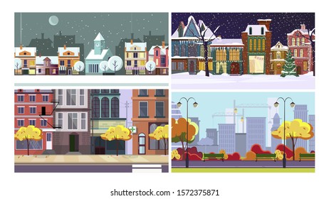 City in winter and in autumn flat vector illustration set. Buildings, streets, park. City life and nature concept