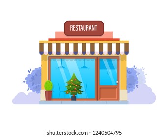 City winter facade exterior of restaurant building, on eve of Christmas holiday. Street restaurant, cafe, fast food. New year decorations, beautiful Christmas trees at entrance. Vector illustration.