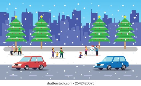 City Winter Festivities - Families Enjoying Snow and Christmas Decorations in Urban Park 2d flat vector illustrations