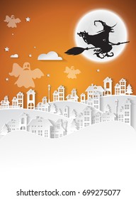 city winter and full moon with witch, Halloween night background.Vector illustration.