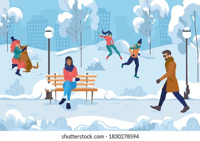 City Winter landscape with people in park. A girl drinks coffee on a bench, a man and a girlfriend play snowballs, and a woman walks the dog. Cartoon vector illustration.
