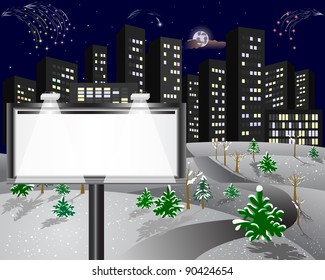 City in the winter night with a billboard and fireworks.10EPS. Vector illustration.