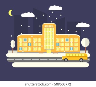 City winter night landscape with the schoolhouse and bus.Cartoon school banner or poster design.Education.Winter time city landscape skyscrapers the falling snow flat vector.