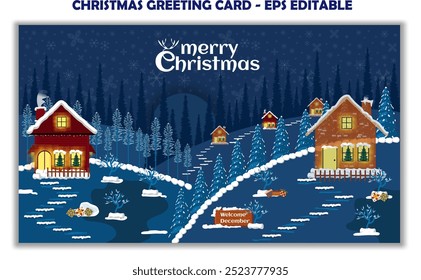 city in winter in the night with mountain view and snow in collection for christmas editable template greeting card stories template, landscape christmas background