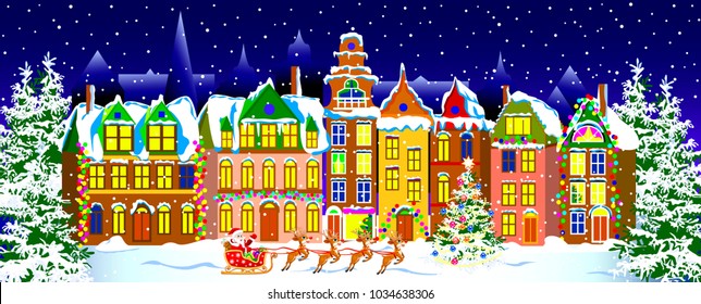 City in the winter night on Christmas Eve.                                                                                                                                      