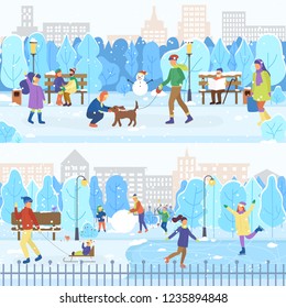 City Winter Park, Ice Rink And Branches, People Skating. Man Walking With Dog, Snow And Sleighs, Outdoors Activity, Holiday Atmosphere Vector Illustration