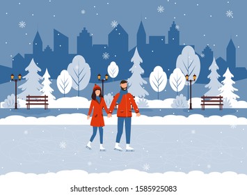 City winter park, ice rink , people skating. Holiday atmosphere vector illustration. Boy and girl at winter vacation.Winter season. Vector Illustration.