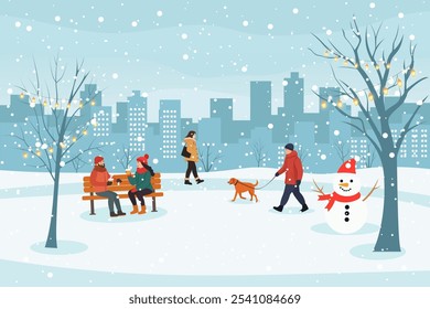 City winter park with people, a man with a dog, lovers on a bench, a snowman, trees, paths and lanterns against the backdrop of the city. Winter Christmas vector illustration.