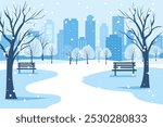 City winter park with snow-covered trees, benches, paths and lanterns against the backdrop of the city. City park landscape of winter nature. Winter Christmas vector illustration.