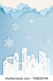 City in winter season with paper art style vector illustration