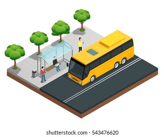 City wireless communication isometric concept with people on a bus stop vector illustration