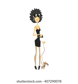 City Woman With Chihuahua Flat Isolated Vector Simple Drawing On White Background In Funny Cartoon Style