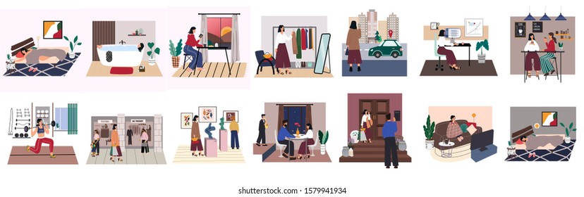 City woman everyday life set. Young girl sleep, go bath, have breakfast, work, meet friends, go to gym, shopping, exhibitions, romantic date and relax at home. Everyday routine. Flat isolated vector.