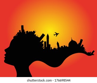 city and woman profile silhouette