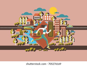City woman running on the urban or village landscape background. Young athlete on marathon. Fitness, healthy life style in summer town with traffic on the road, building, plant, cars and green trees.