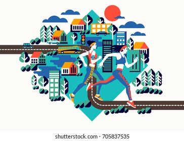 City woman running on the urban or village landscape background. Young athlete on marathon. Fitness, healthy life style in summer town with traffic on the road, building, plant, cars and green trees.