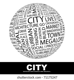 CITY. Word collage on white background. Globe with different association terms.