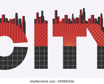 City word with geometric figures in the style of the Bauhaus. Retro poster. Typographical banner with architecture. Vector illustration