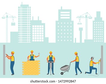 City workers with equipments ad tools vector. Workmen and cityscape with crane and lifters, male with bricks and carriage, drilling instrument machine