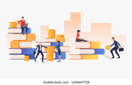 City with working people vector illustration. Ladder of success, job, career. Finance concept. Creative design for layouts, web pages, banners
