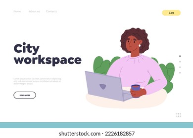 City workspace concept of landing page with girl work at laptop drink coffee at open workplace. Young female freelancer work at project at coworking space coffee shop. Cartoon flat vector illustration