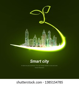 The City Is Wrapped In A Neon Ribbon With A Sprout On Top. Low Poly Wireframe Isolated On Green Background. City Greening. City Landscaping Technologies. Plexus Lines And Points In Silhouette City